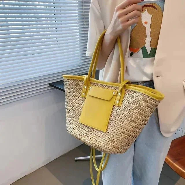 Violet large woven straw beach tote bag with top handles