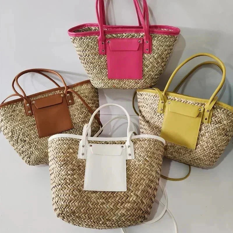 Violet large woven straw beach tote bag with top handles