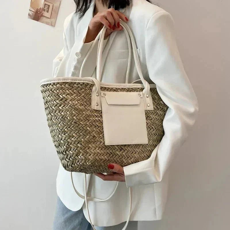 Violet large woven straw beach tote bag with top handles