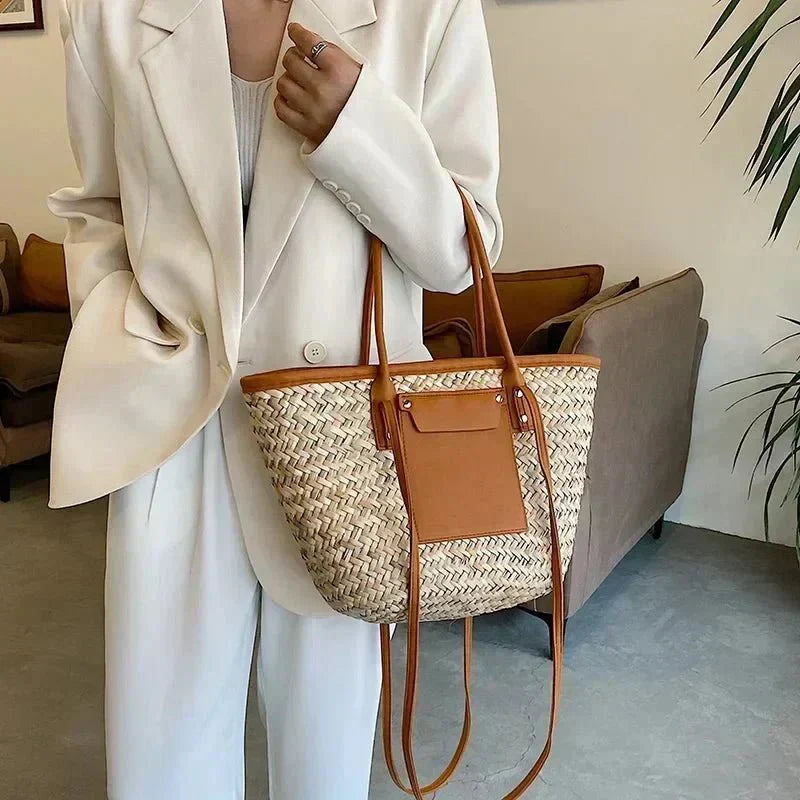 Violet large woven straw beach tote bag with top handles