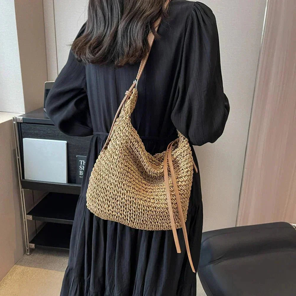 Shay Wanderer bohemian shoulder bag with wide strap, shown in beige and brown