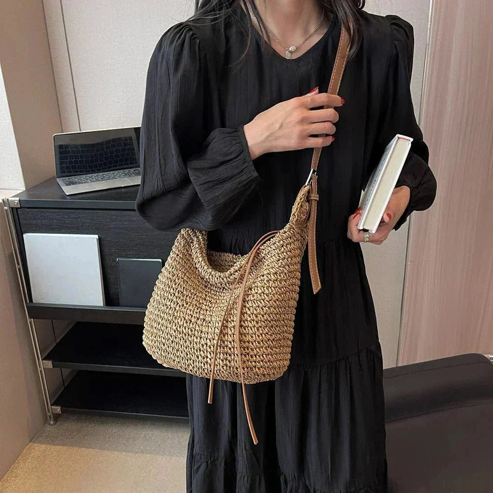 Shay Wanderer bohemian shoulder bag with wide strap, shown in beige and brown