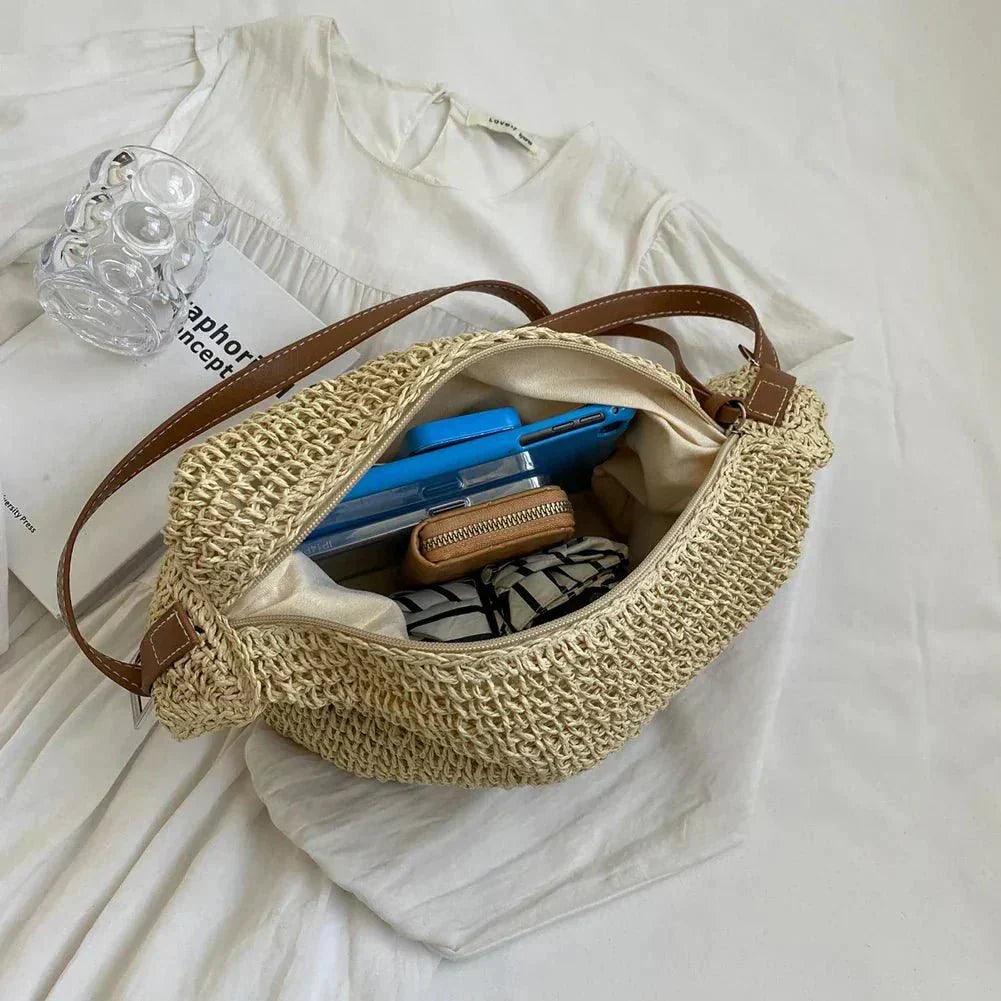 Shay Wanderer bohemian shoulder bag with wide strap, shown in beige and brown