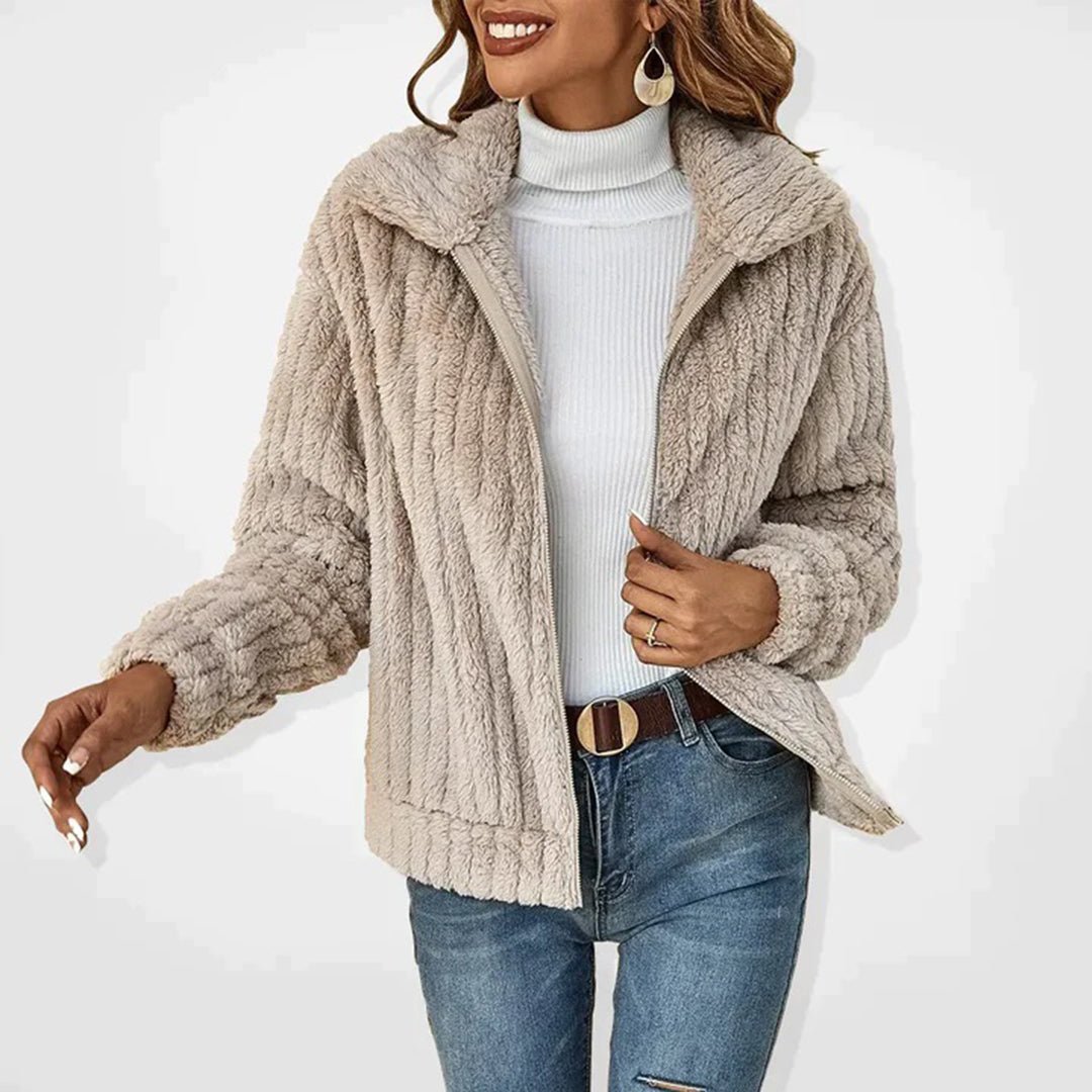 Veron soft fleece longline vest with stand-up collar, shown in a neutral tone
