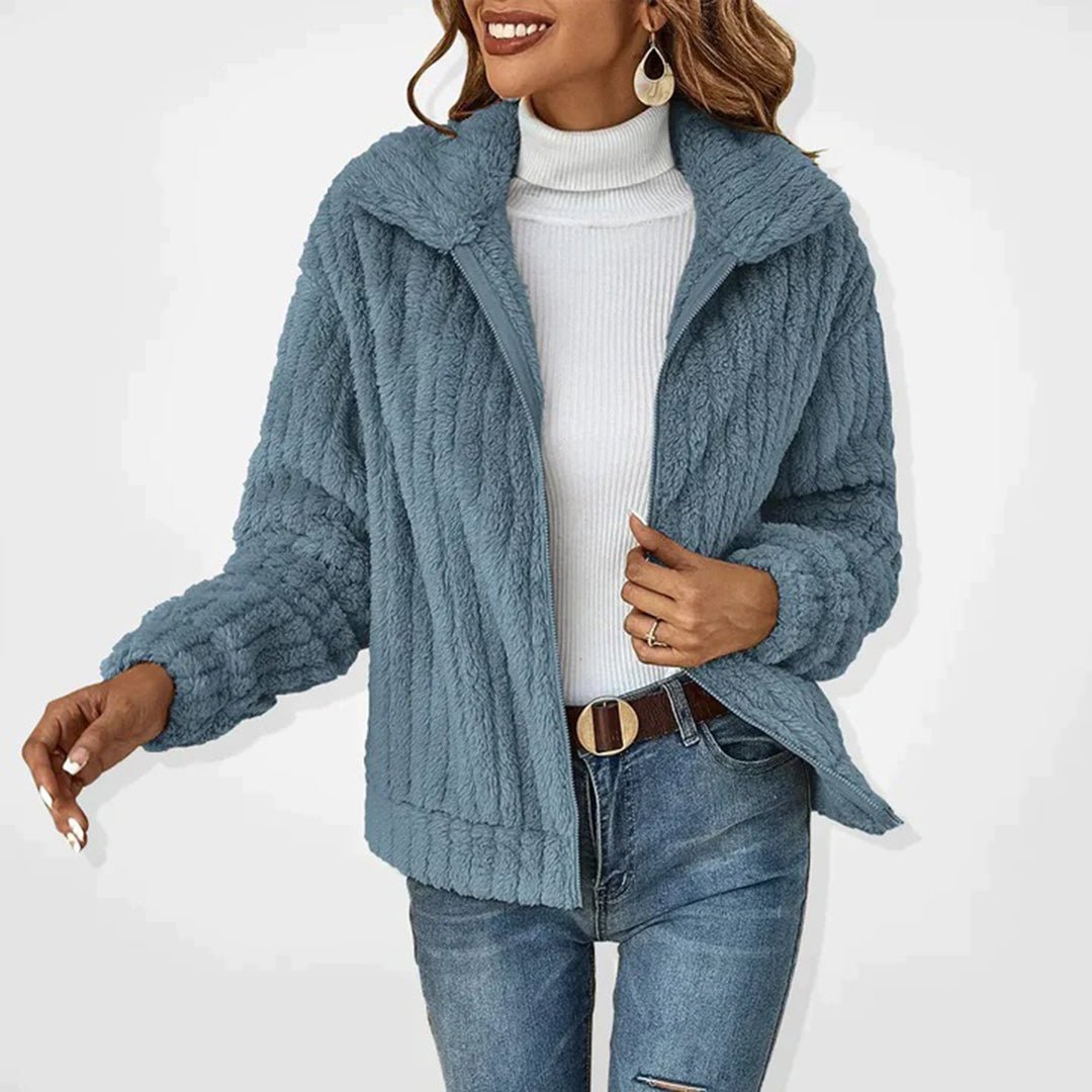 Veron soft fleece longline vest with stand-up collar, shown in a neutral tone