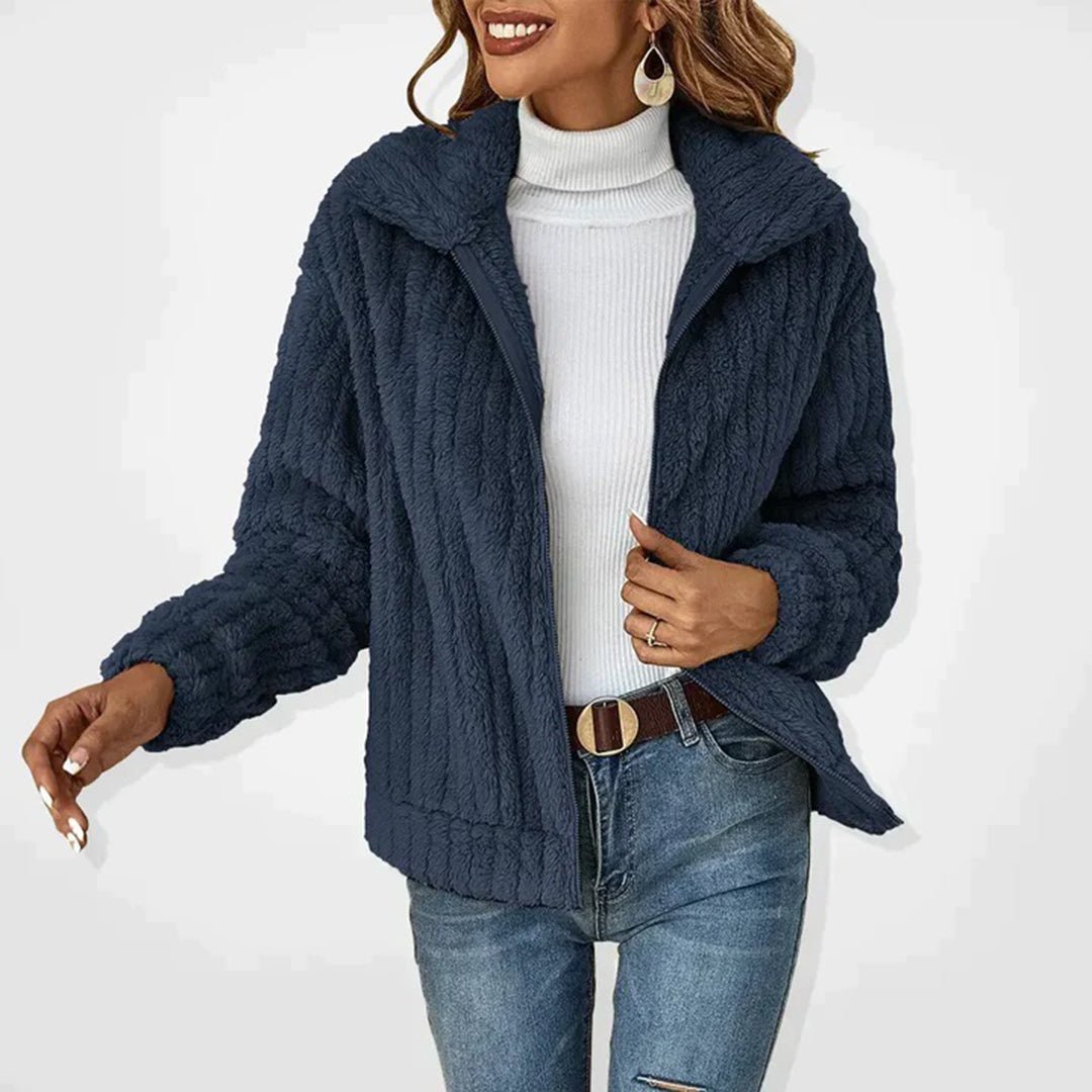Veron soft fleece longline vest with stand-up collar, shown in a neutral tone