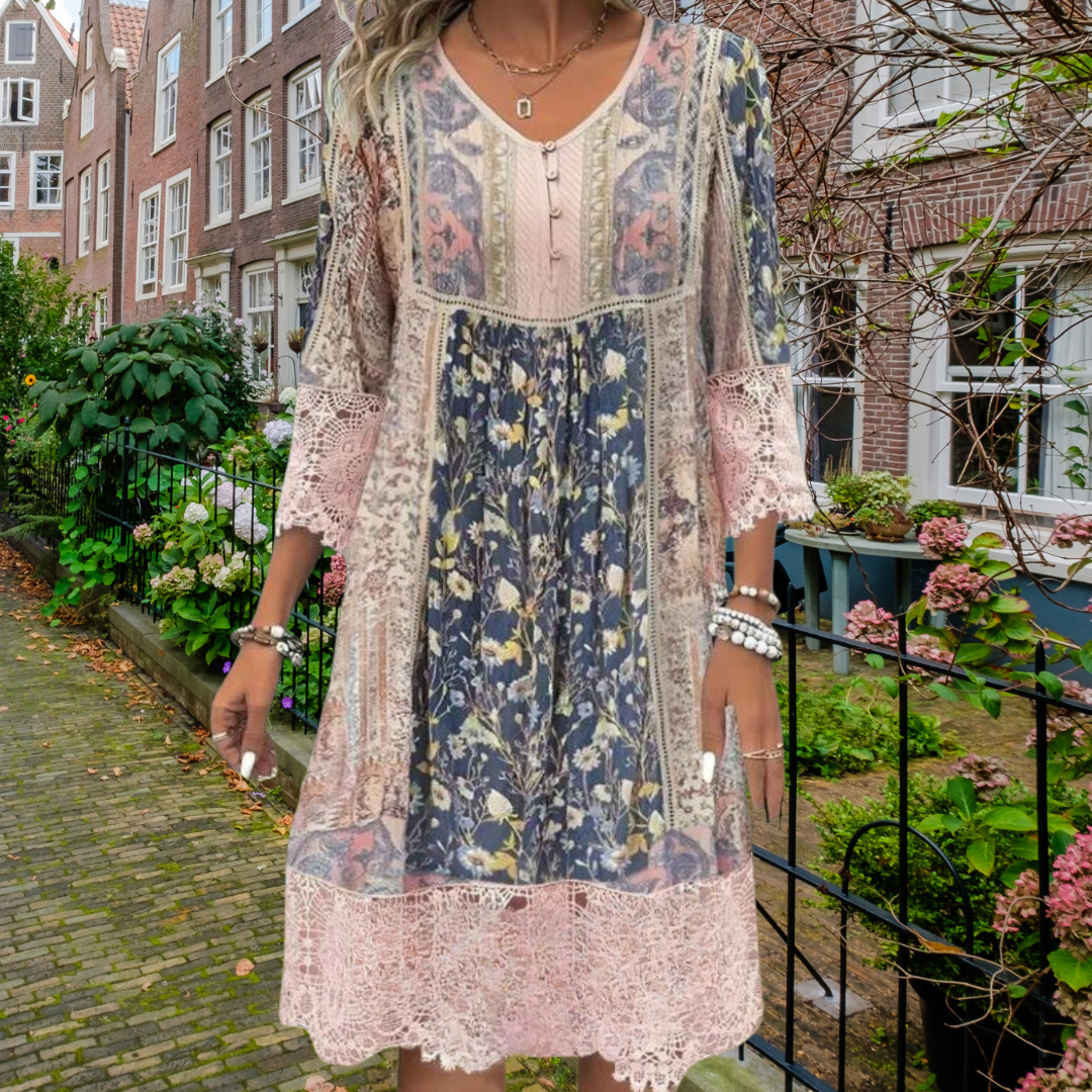 Naya boho luxe pink floral dress with lace accents and button detailing