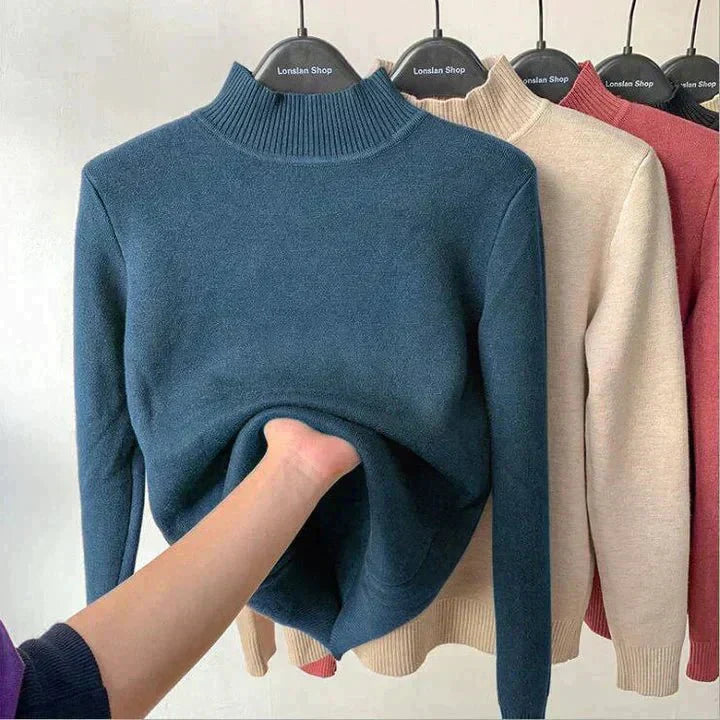 Namita fleece-lined turtleneck knit sweater in white, long sleeve women's winter style