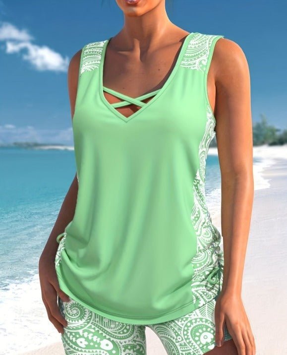 Azari two-piece swim tankini with flattering tummy coverage, shown in a range of colours