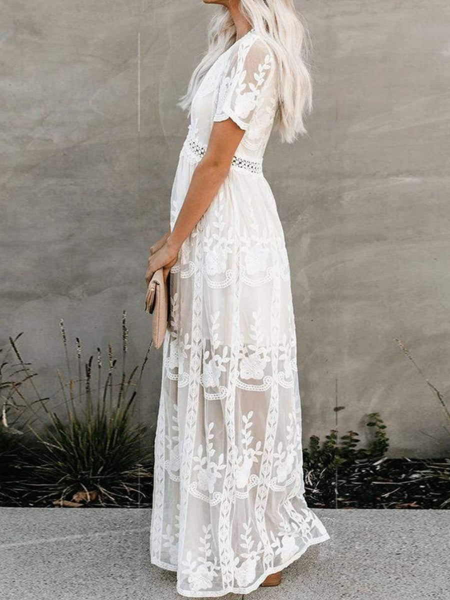 Fleur white boho A-line dress with lace details and plunging V-neckline