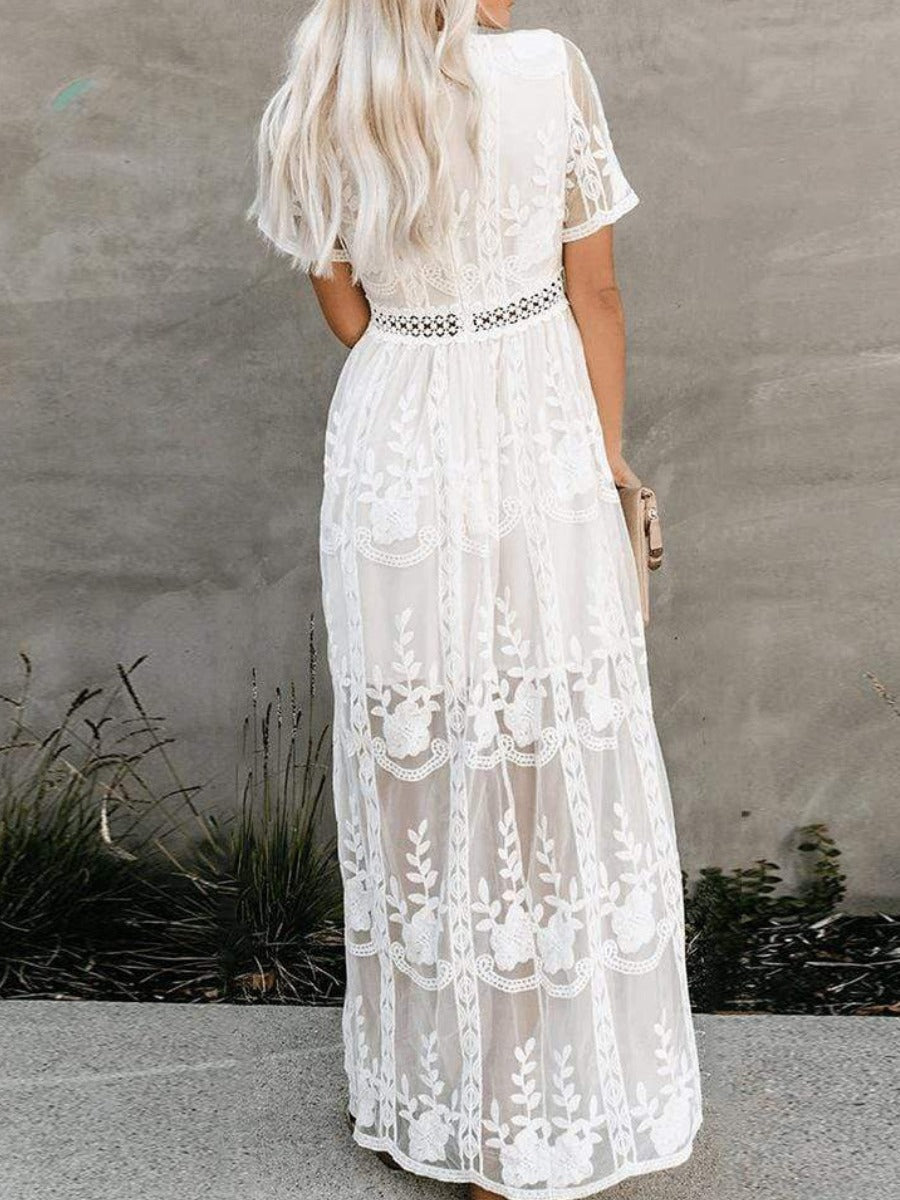 Fleur white boho A-line dress with lace details and plunging V-neckline