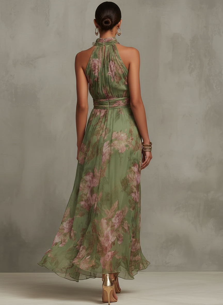 Green floral halter maxi dress with defined waist and flowing skirt