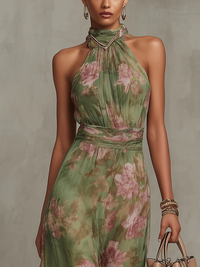 Green floral halter maxi dress with defined waist and flowing skirt