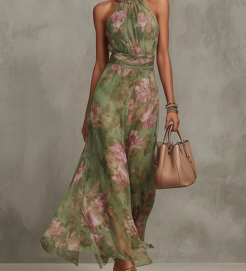 Green floral halter maxi dress with defined waist and flowing skirt