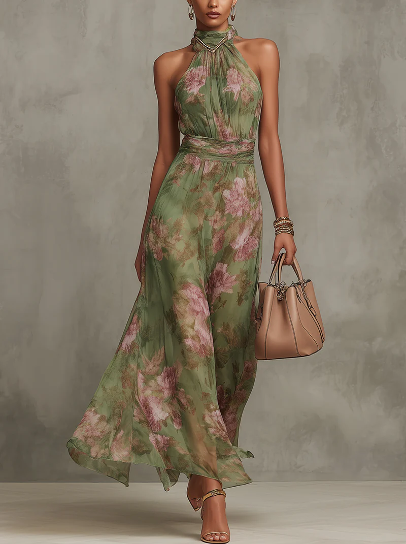 Green floral halter maxi dress with defined waist and flowing skirt