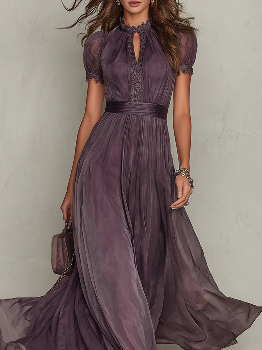 Abrianna elegant keyhole maxi dress in dusty plum with lightly draped sleeves and flowing floor-length silhouette