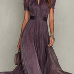 Abrianna elegant keyhole maxi dress in dusty plum with lightly draped sleeves and flowing floor-length silhouette