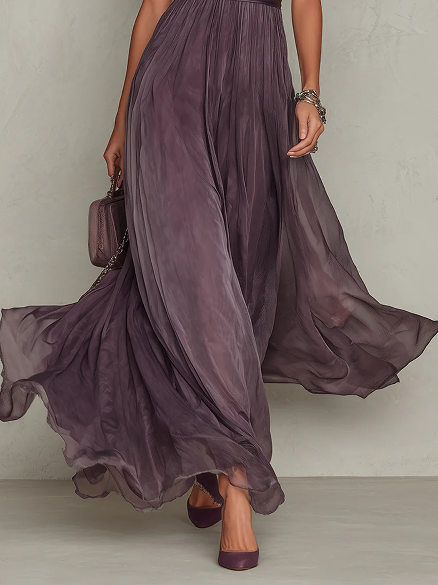 Abrianna elegant keyhole maxi dress in dusty plum with lightly draped sleeves and flowing floor-length silhouette