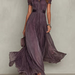 Abrianna elegant keyhole maxi dress in dusty plum with lightly draped sleeves and flowing floor-length silhouette