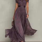 Abrianna elegant keyhole maxi dress in dusty plum with lightly draped sleeves and flowing floor-length silhouette
