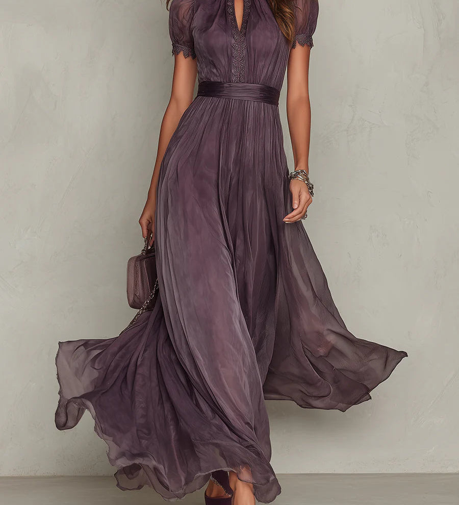 Abrianna elegant keyhole maxi dress in dusty plum with lightly draped sleeves and flowing floor-length silhouette