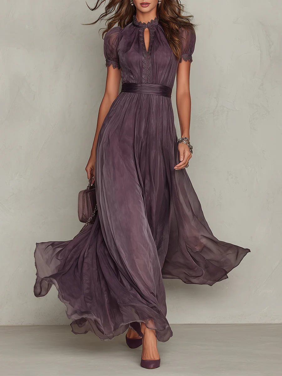Abrianna elegant keyhole maxi dress in dusty plum with lightly draped sleeves and flowing floor-length silhouette