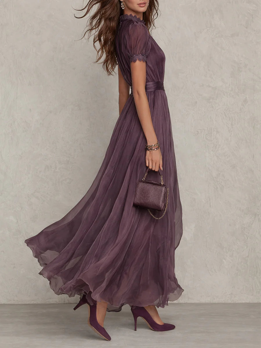 Abrianna elegant keyhole maxi dress in dusty plum with lightly draped sleeves and flowing floor-length silhouette