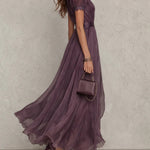 Abrianna elegant keyhole maxi dress in dusty plum with lightly draped sleeves and flowing floor-length silhouette