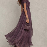 Abrianna elegant keyhole maxi dress in dusty plum with lightly draped sleeves and flowing floor-length silhouette