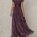 Abrianna elegant keyhole maxi dress in dusty plum with lightly draped sleeves and flowing floor-length silhouette