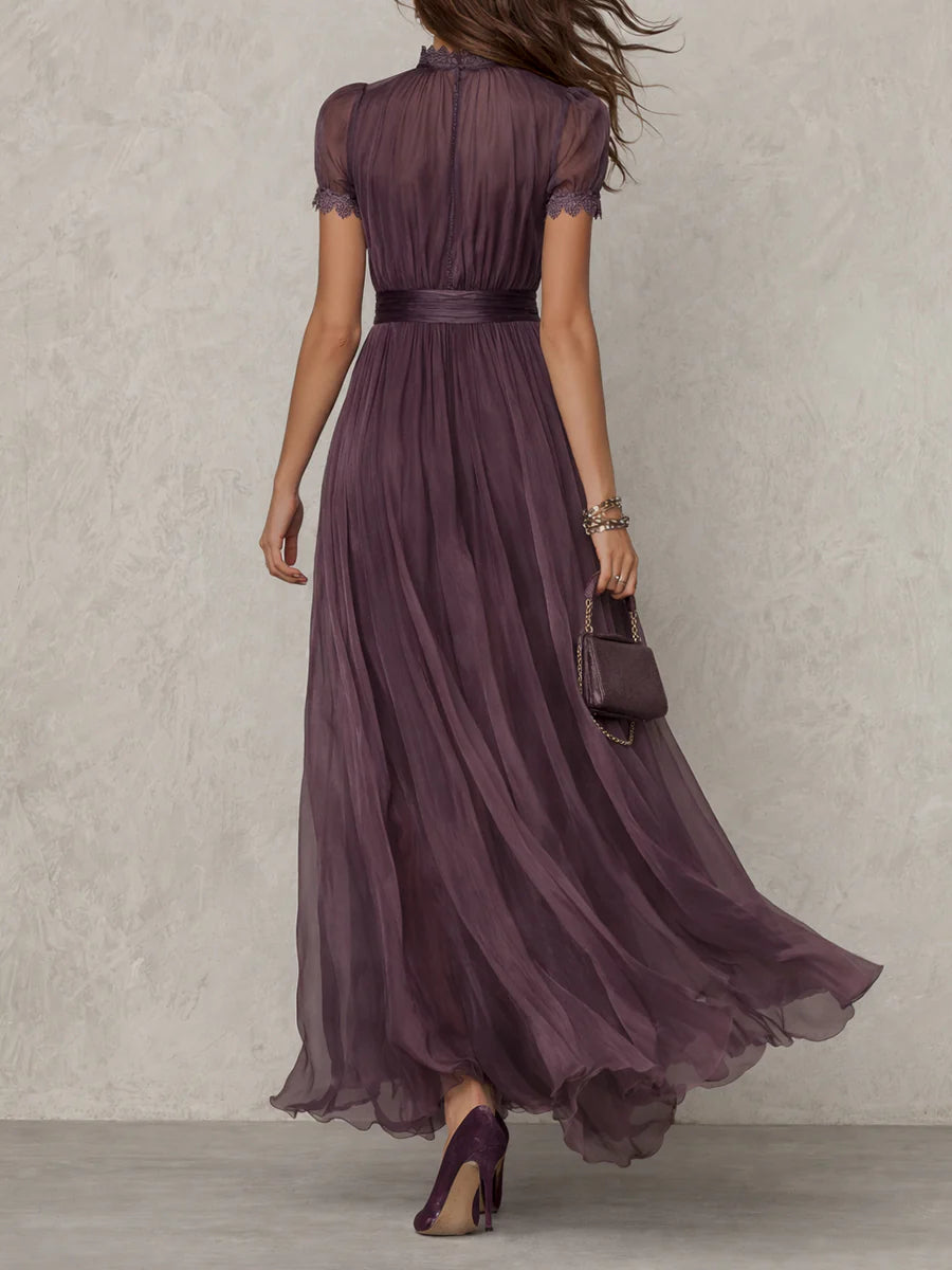 Abrianna elegant keyhole maxi dress in dusty plum with lightly draped sleeves and flowing floor-length silhouette