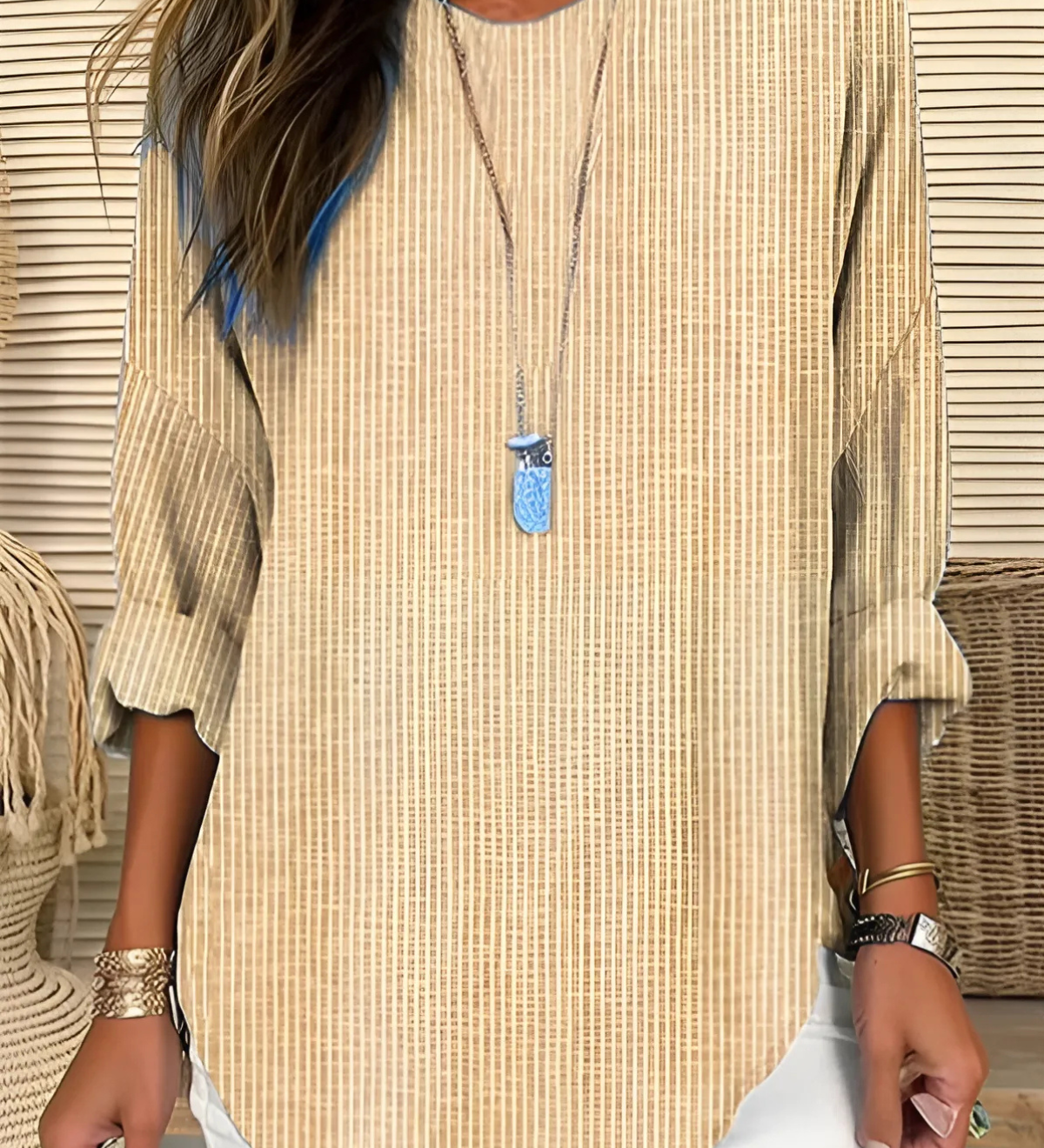 Rhea lightweight striped long-sleeve blouse with relaxed crew neckline