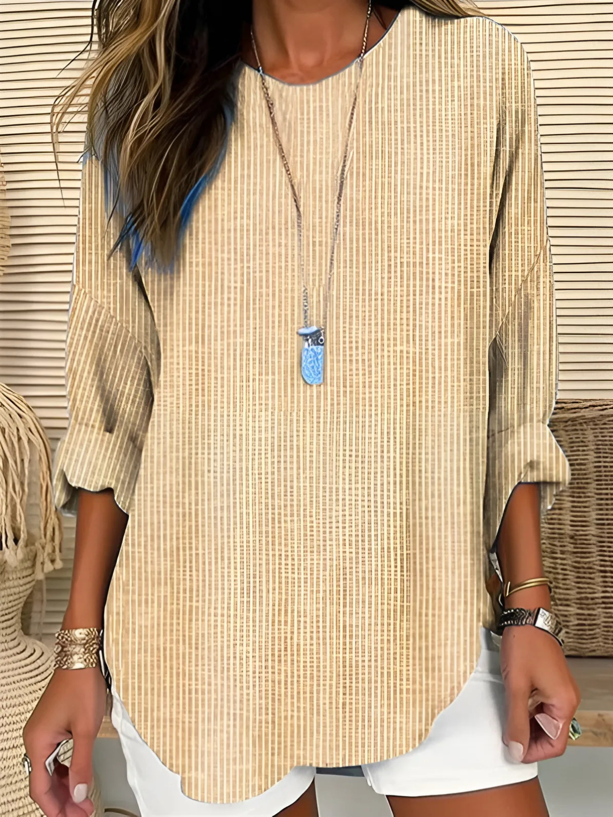 Rhea lightweight striped long-sleeve blouse with relaxed crew neckline