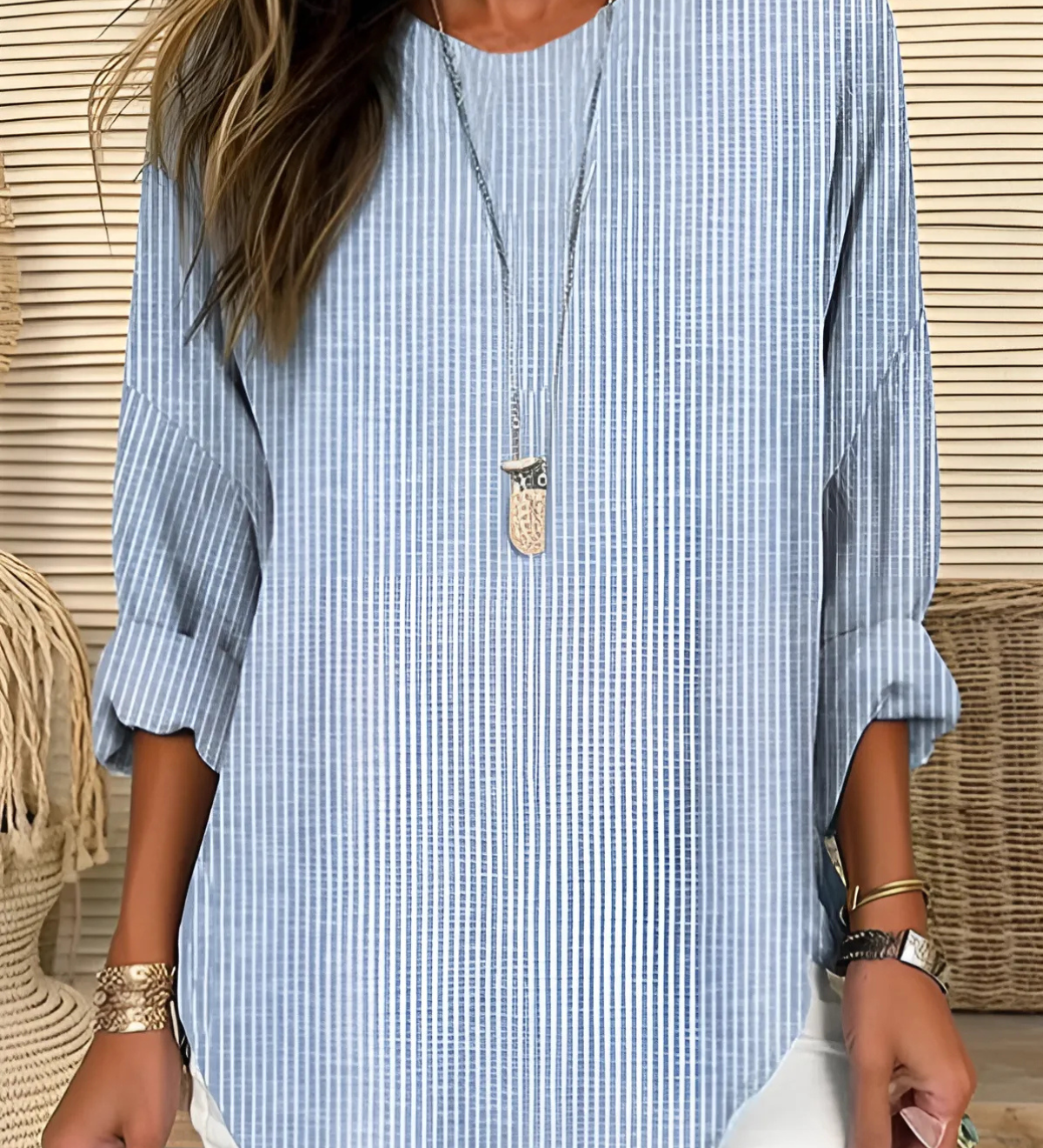 Rhea lightweight striped long-sleeve blouse with relaxed crew neckline