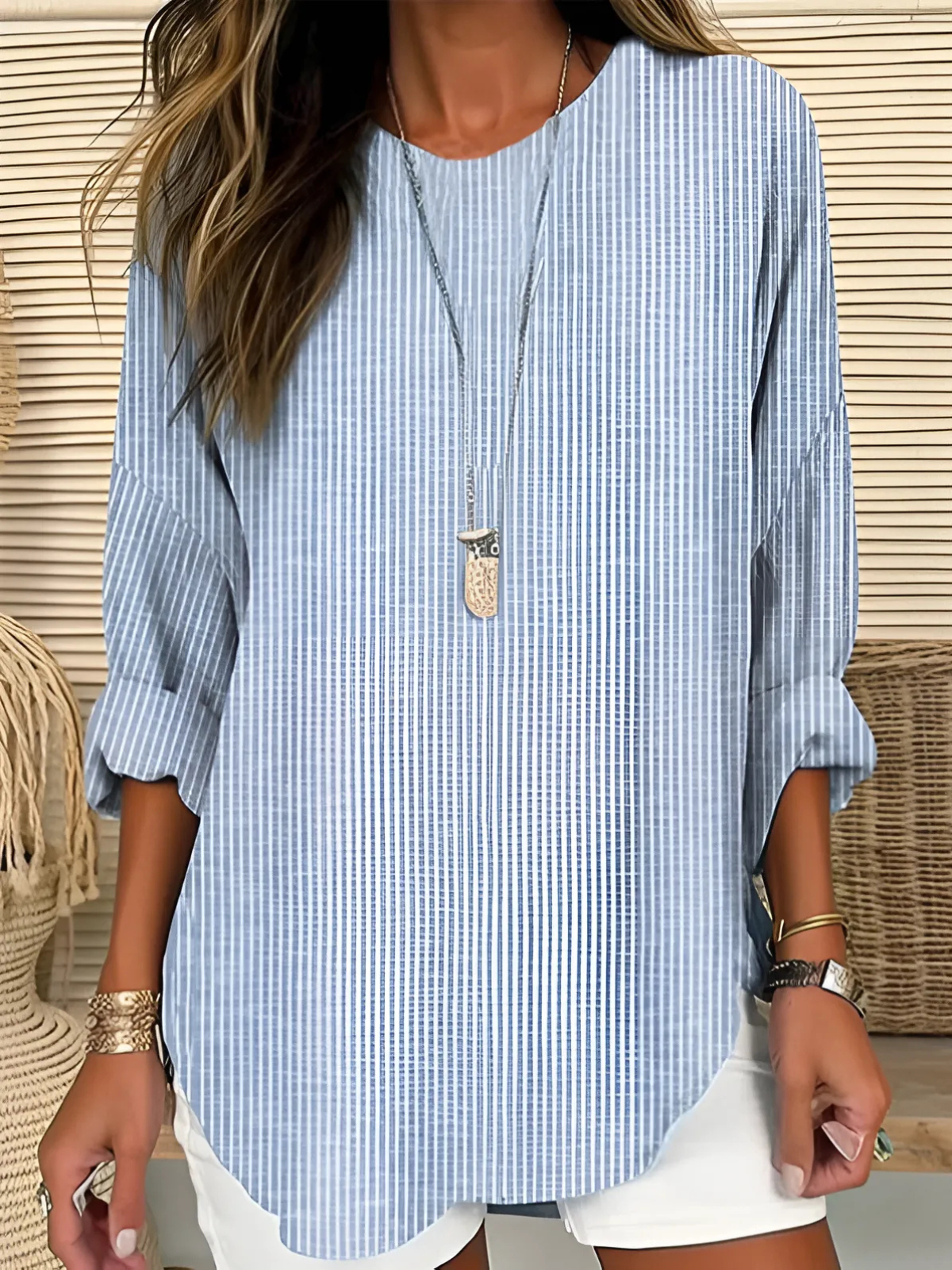 Rhea lightweight striped long-sleeve blouse with relaxed crew neckline
