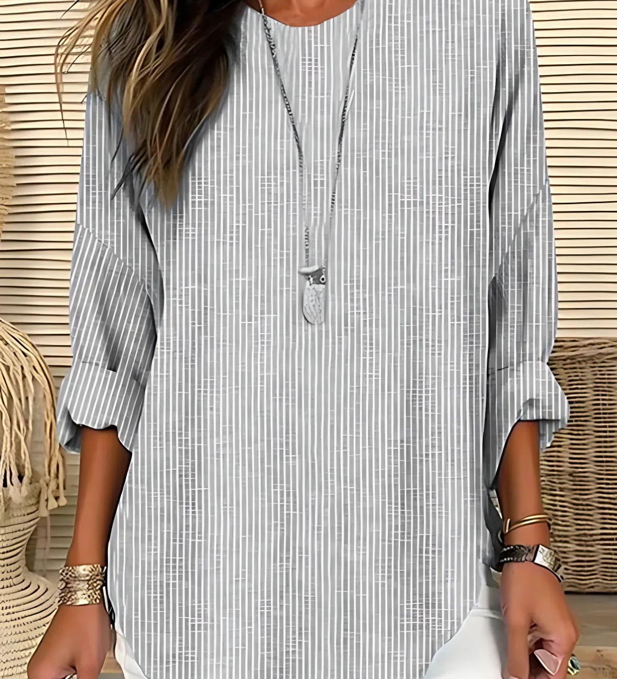 Rhea lightweight striped long-sleeve blouse with relaxed crew neckline