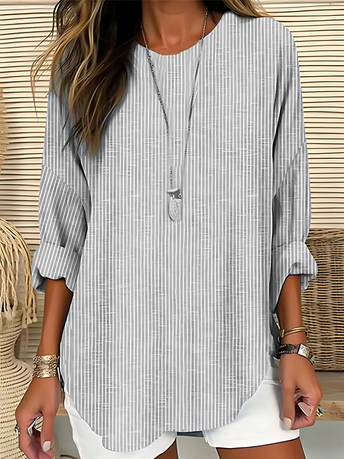 Rhea lightweight striped long-sleeve blouse with relaxed crew neckline