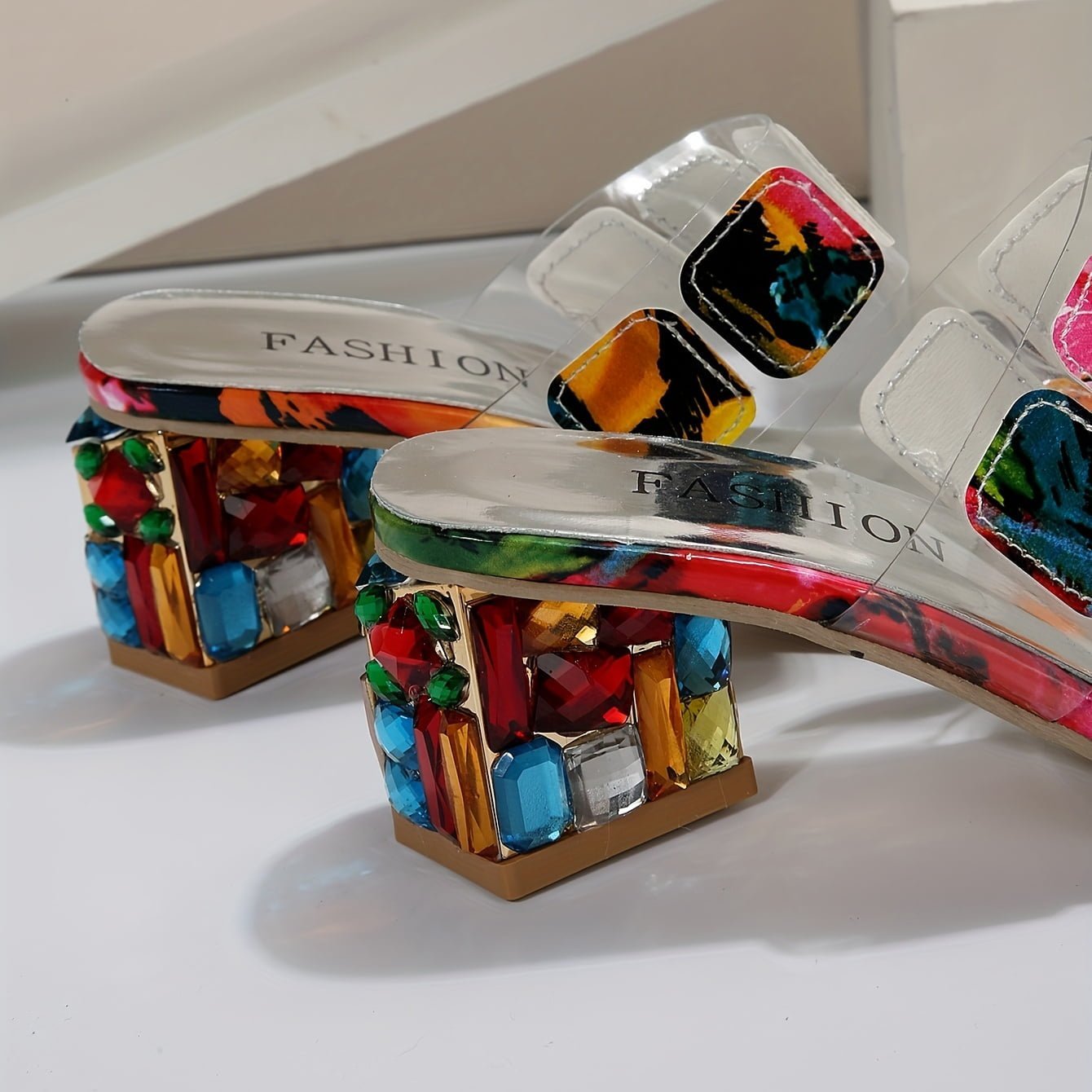 Multi-colour chunky heeled sandals with rhinestone accents and open-toe slip-on design