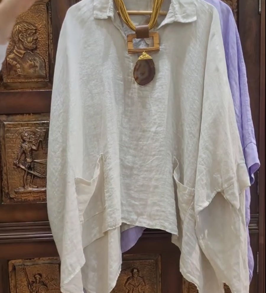 Lina breezy collared linen-cotton top with soft stand collar and relaxed fit