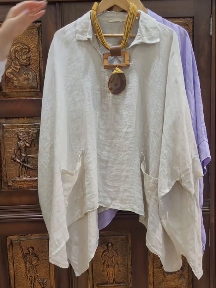 Lina breezy collared linen-cotton top with soft stand collar and relaxed fit