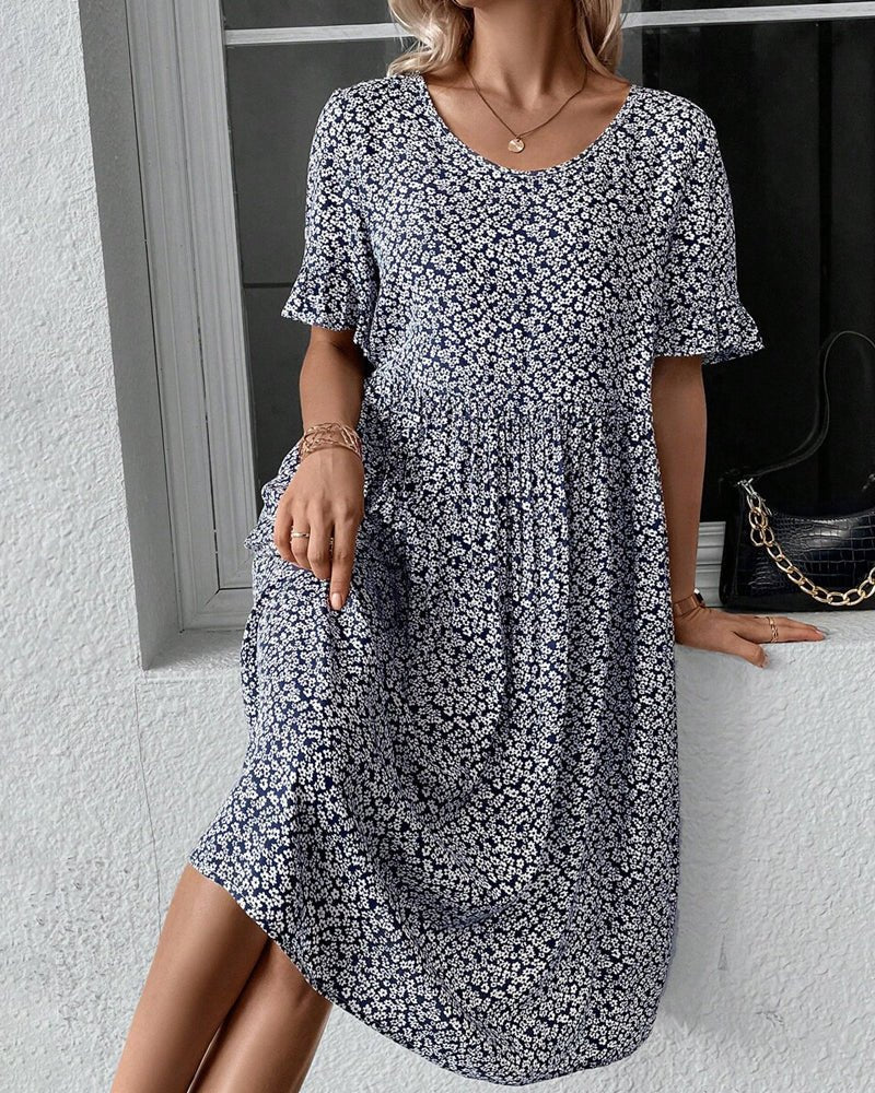 Anne elegant bloom midi dress in blue, red and green with a flattering feminine silhouette