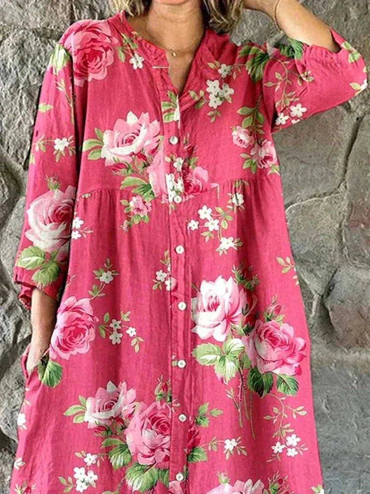 Maddie pink rose floral V-neck shirt dress with three-quarter sleeves