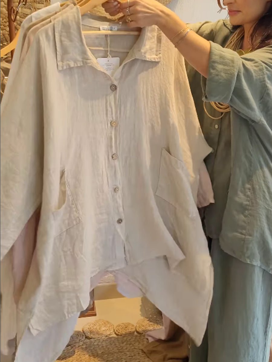 Lineth casual buttoned linen-cotton blouse with shirt collar and 3/4 sleeves