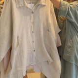 Lineth casual buttoned linen-cotton blouse with shirt collar and 3/4 sleeves