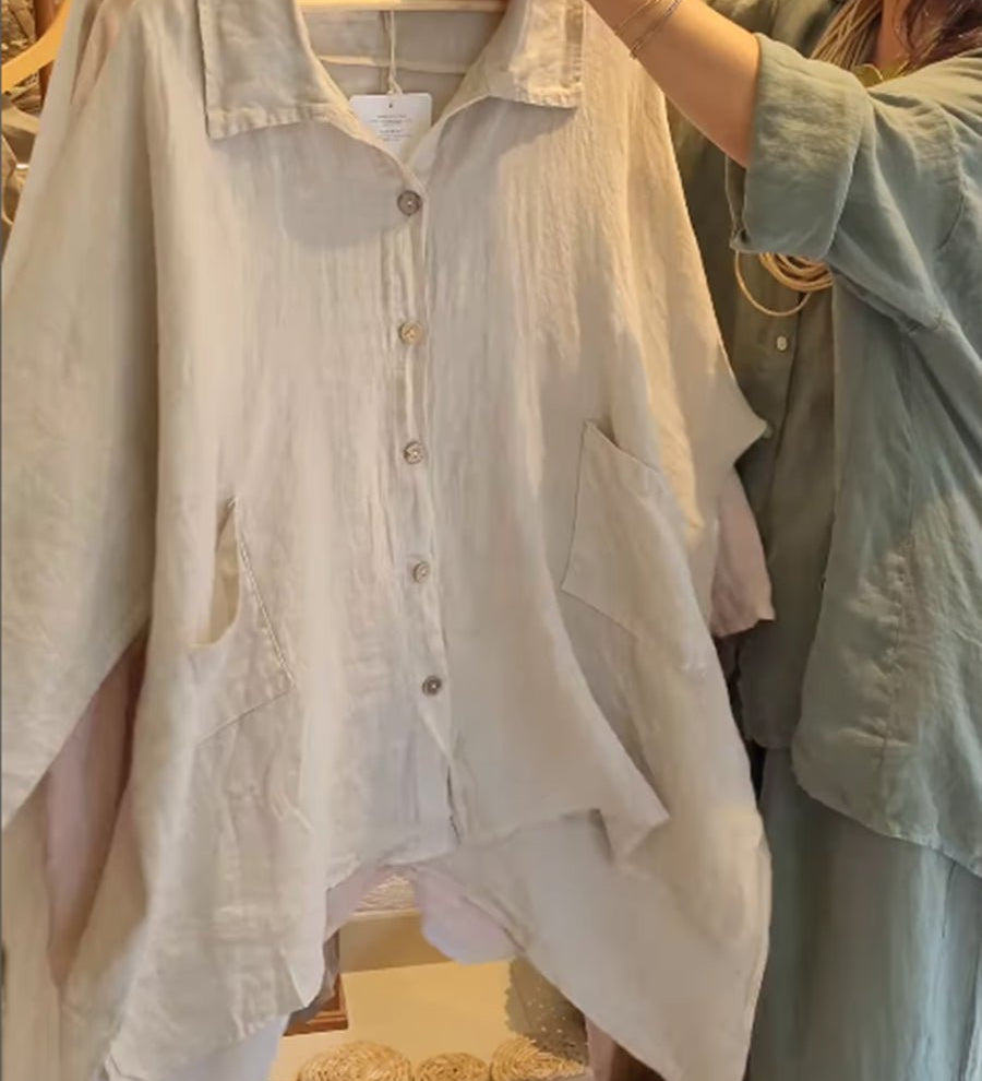 Lineth casual buttoned linen-cotton blouse with shirt collar and 3/4 sleeves