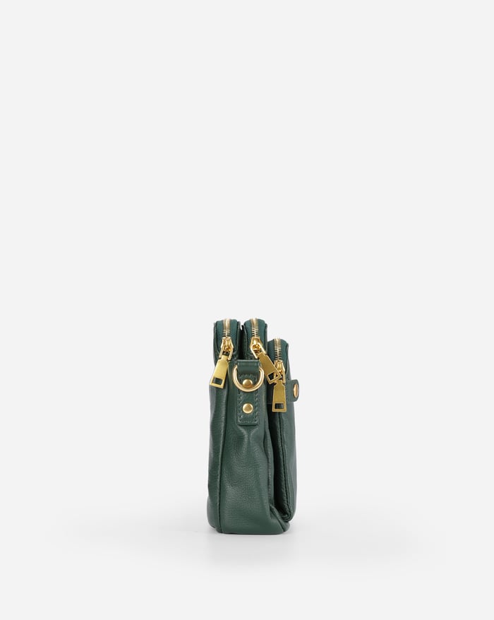 Kaya's Jewel full-grain leather shoulder bag shown in brown, blue, black and green