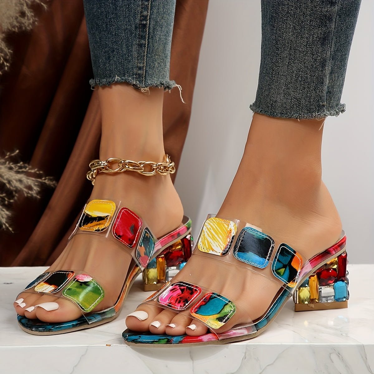 Multi-colour chunky heeled sandals with rhinestone accents and open-toe slip-on design