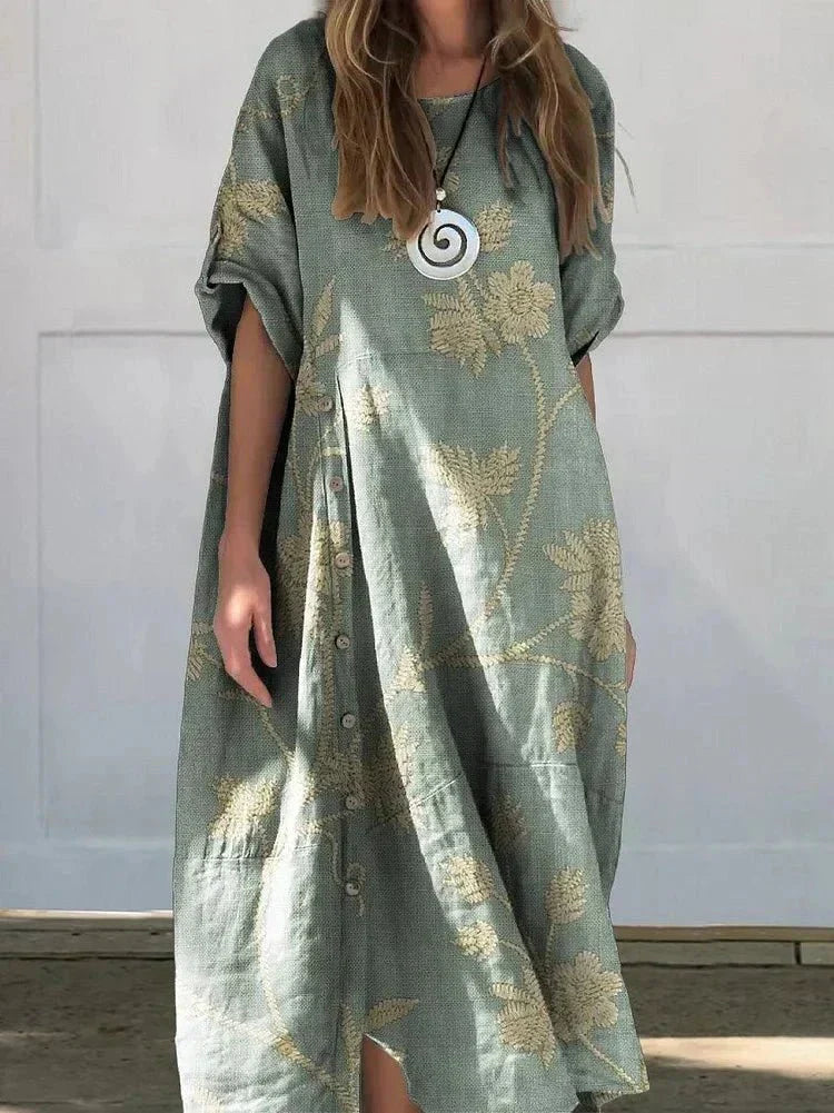 Islay luxe linen blend dress with relaxed fit, shown in a neutral sand shade