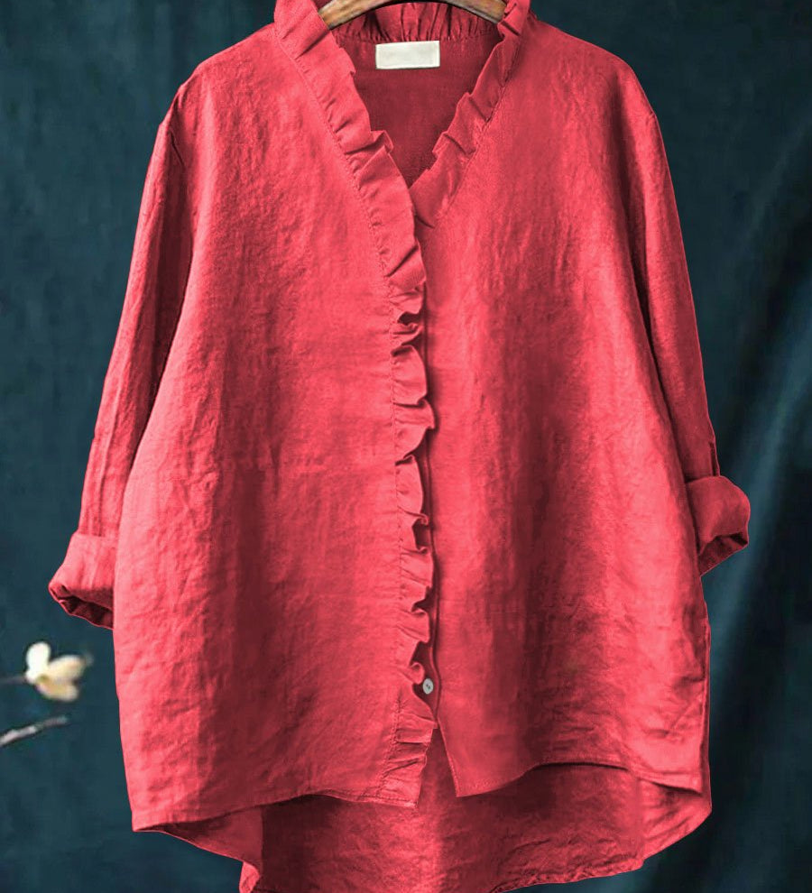 Rica retro ruffle blouse with collar and front placket ruffle detailing and long sleeves