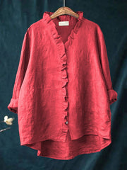 Rica retro ruffle blouse with collar and front placket ruffle detailing and long sleeves